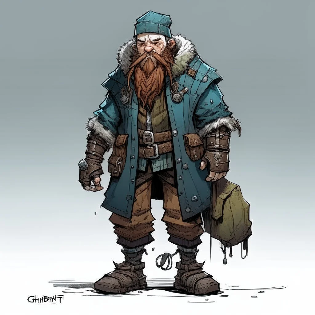 Cyperpunk dwarf with cybernetic legs, dressed with a coat and beanie