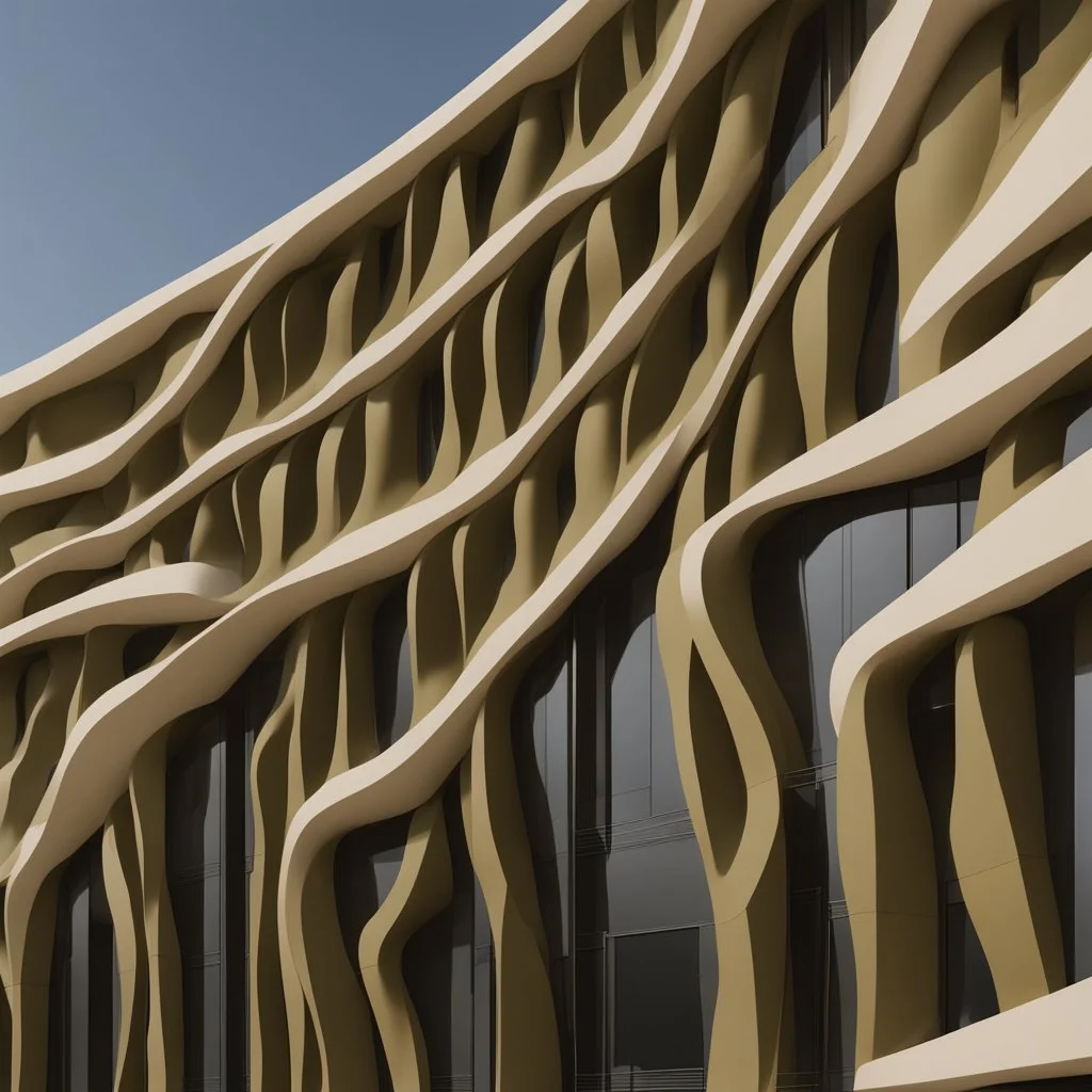 The facades of a building inspired by the olive kernel, presented in a minimalist and modern style.