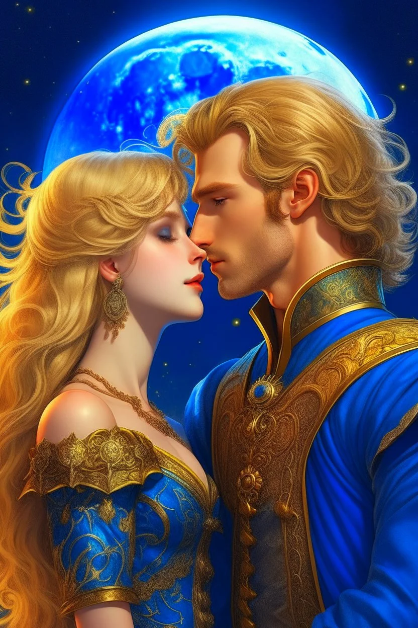 prince who has sandy hair, bronze skin,tall, has short beard,wears a medieval military outfit and is in love with the commoner girl, who has curly platin blonde hair and wears a blue dress, the two kiss very affectionately, illustration of a fantasy book cover with a detailed, smooth, bright background filled withmoon and sun, hyperdetailed, Hyper realistic photograph, 16k resolution, product photo, Formal, Formal dress , Hyper detailed, Intricate, Mystical , Firey, Fire based