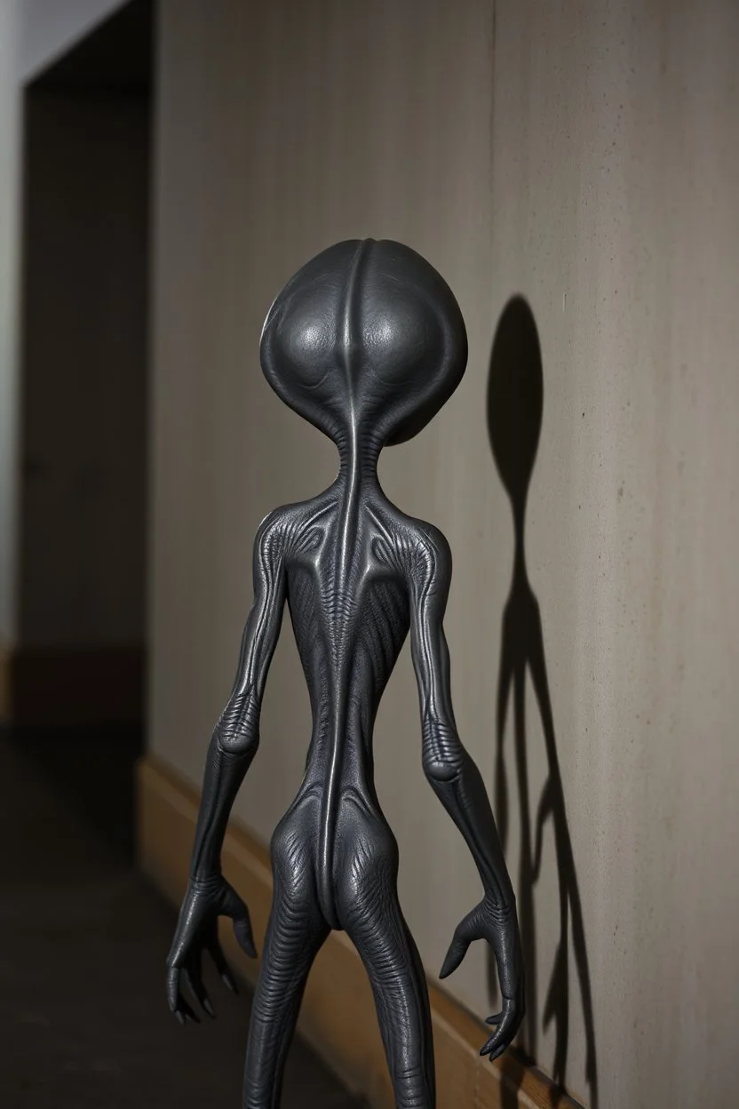 a gray alien standing by a wall pissing back view he turned face write scared