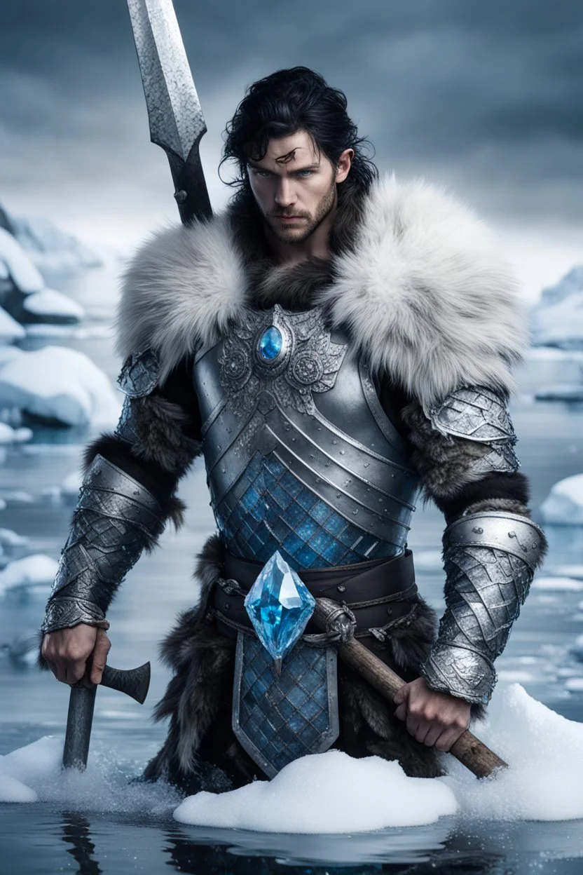 1 man. warrior, with blue eyes and black hair man in silver Viking armor with fur around the neck with blue crystal on his chest , standing in water in the artic, holding a ice axe, warrior in anime style,