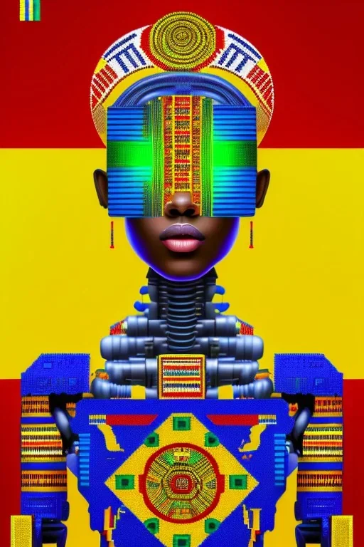 robot portrait in Kente, cinematic, ghana flag, african pattern symbols, engraved, 8k quality