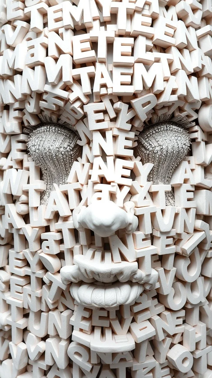 A balled face in details . The texture of the face is a collage of many 3D white random letters covering the whole face and the eyes are covered by waterfalls