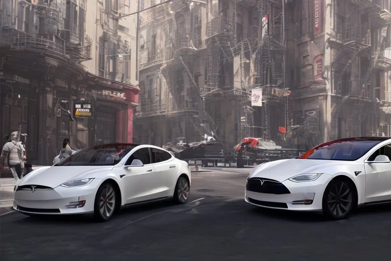 A Tesla 'Model Y' is drifting at high speeds, near the 'Pier 11' in Manhattan. (CINEMATIC, WIDE ANGLE LENS, PHOTO REAL)