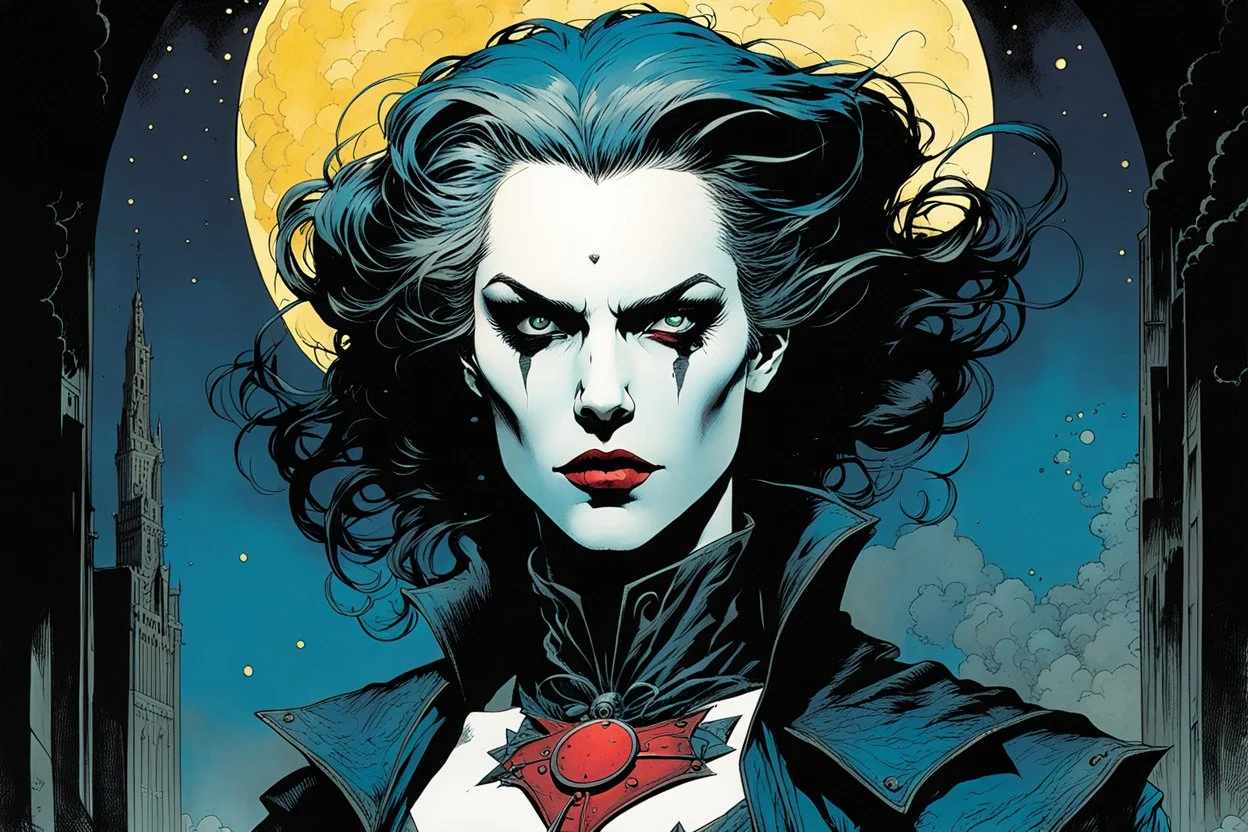 create an ethereal, otherworldly female Ravnos vampire time traveler , in the comic book art style of Mike Mignola, Bill Sienkiewicz, and Jean Giraud Moebius, with highly detailed feminine facial features , finely inked , dramatic natural lighting