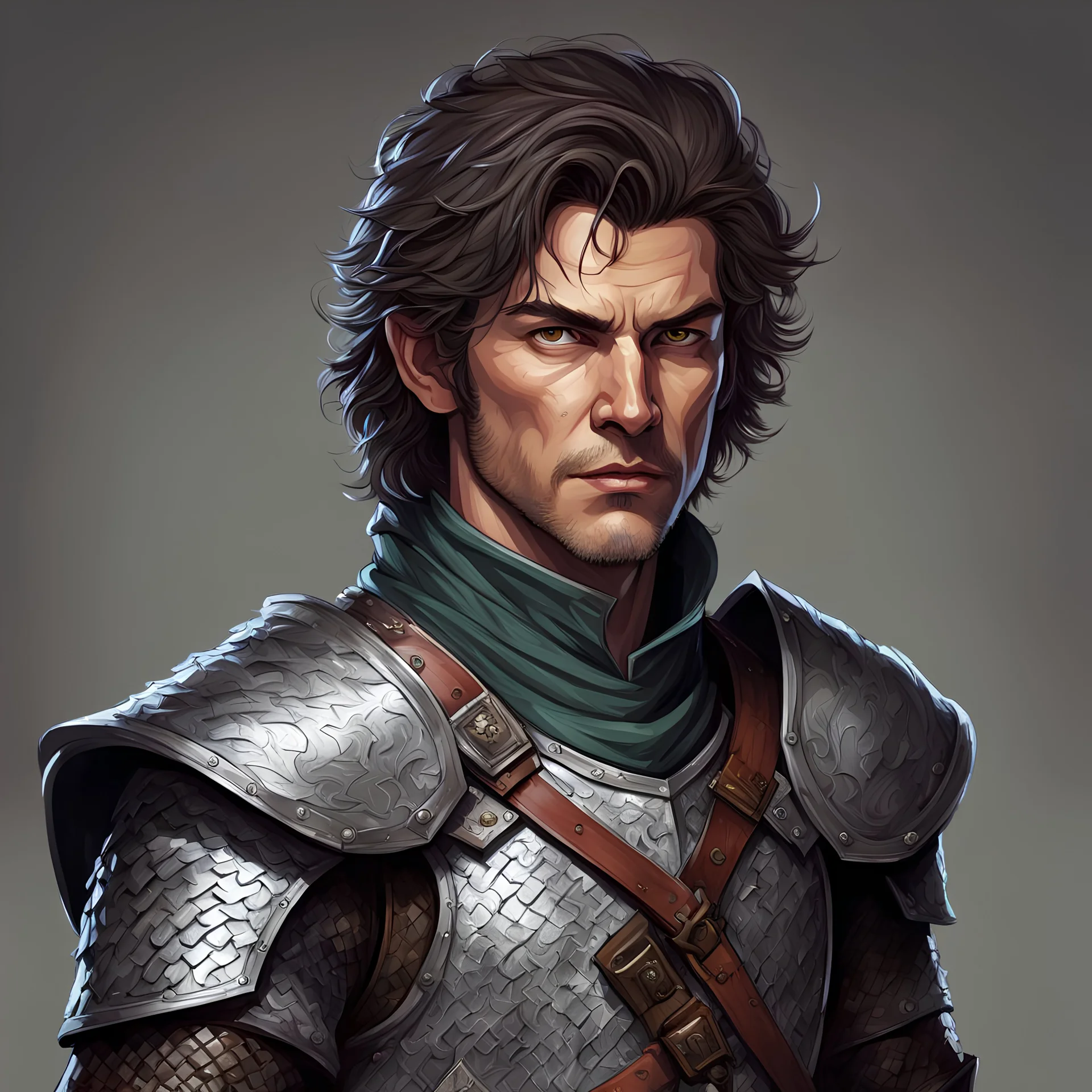 dungeons and dragons; portrait; solid background; human; chainmail; androgynous; soldier; middle aged; rugged