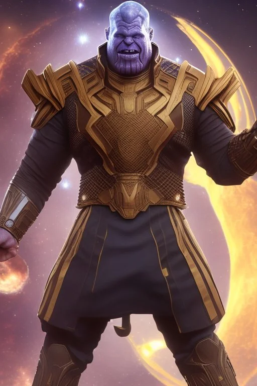 Thanos, the commander of the army of aliens and the king of the entire galaxy, is ready to go on a campaign with his two large swords, his very beautiful and impenetrable armor with his golden helmet, standing on top of a hill with his sword with infinity gauntlet