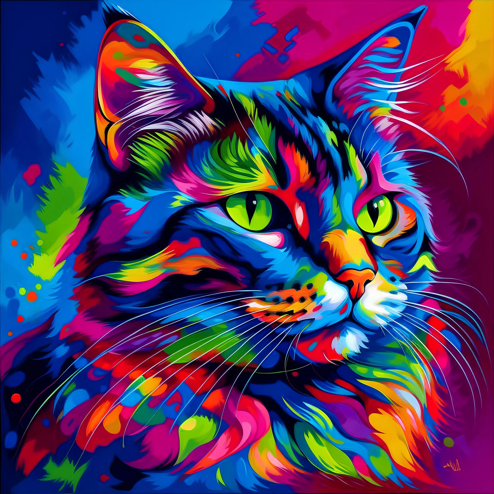 Generate a description of a whimsical "Colorful Cat" blending vibrant hues in its fur, reflecting a mesmerizing and unique appearance.