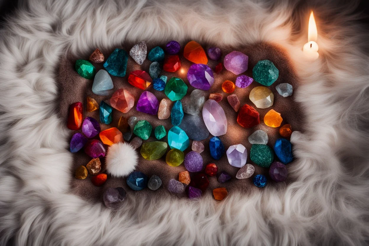 top view of lot of coloured gemstones on fluffy blanket in candlelight