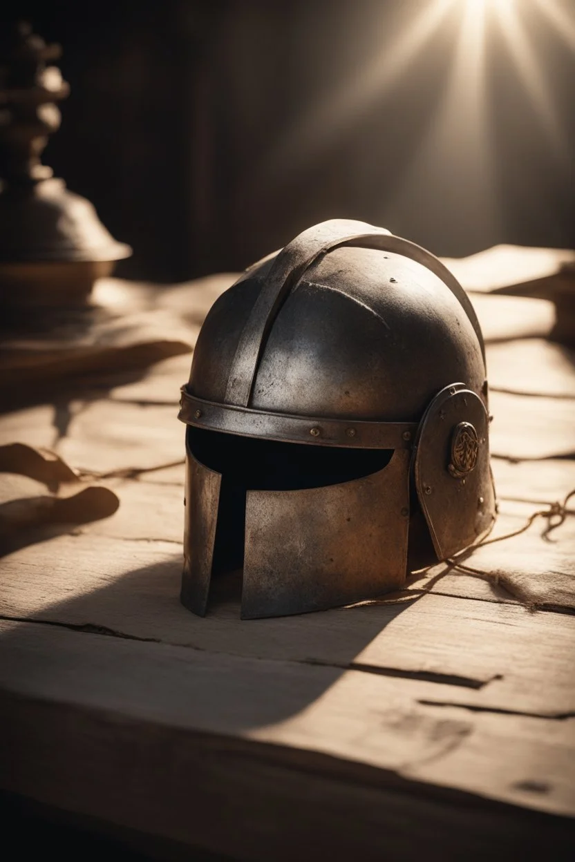 The Roman centurion's helmet lies on an old cracked wooden table. Next to it on the table is a cross on a string and a scroll of parchment. A ray of sunlight reflects off the helmet. All around is the entourage of ancient Rome. High quality image in 8K