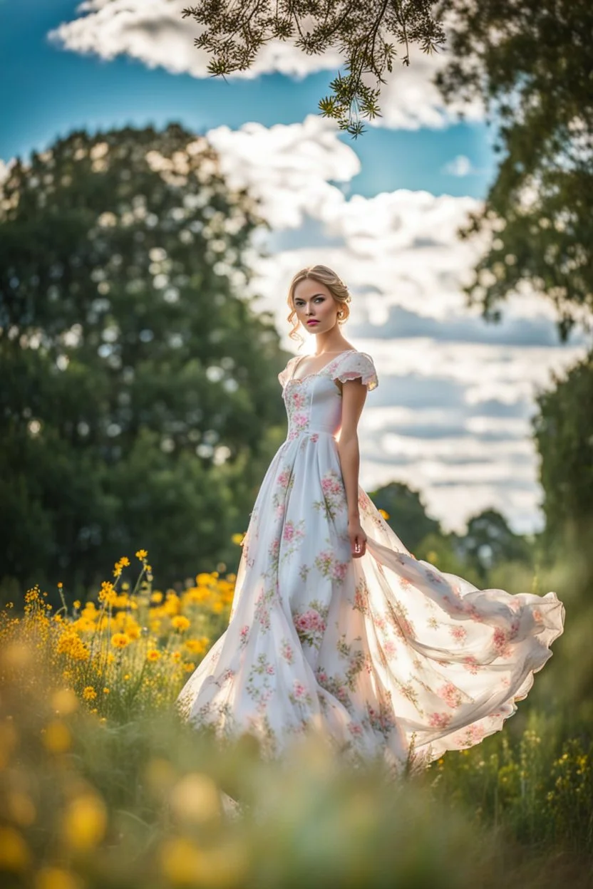 fullbody girl makeup wearing a victorian dress walking in country side ,flowers ,pretty clouds in blue sky