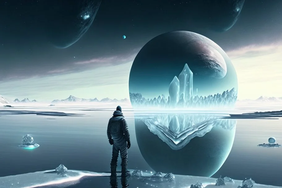 person seeing a grey exoplanet in the horizon, lagoon, ice blocks, sci-fi, very epic