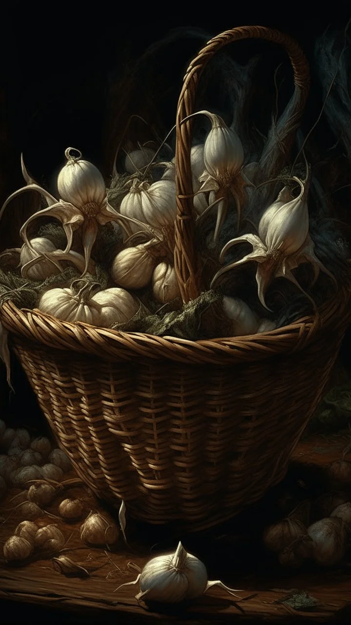 Bosch nightmares paining style Title:a basket full of Garlic, 8k artistic photography, photorealistic concept art, soft natural volumetric cinematic perfect light, chiaroscuro, award-winning photograph, masterpiece, oil on canvas, Raphael, Caravaggio’s, Greg Rutkowski, people, beksinski, Giger