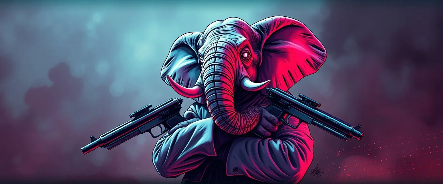 cute pen outline with some neon airbrush, let create a crazy wild elephant mind bending man holding guns with crossed arms and doing dangerous stuff - dynamic camera push-in revealing intricate details in motion. Epic cinematic wide-angle camera swoops down, hazy neon background with gritty border
