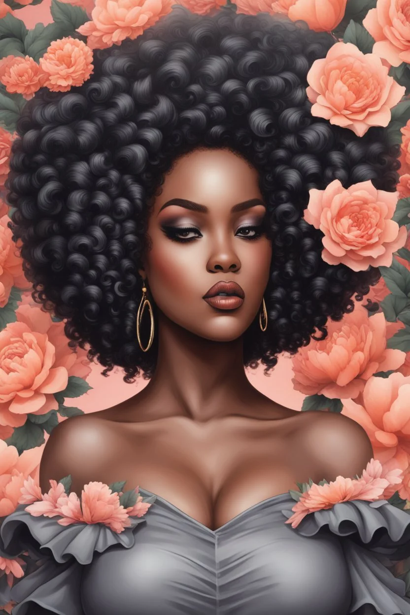 Create an pop punk image of a curvy black female wearing a grey off the shoulder blouse and she is looking down with Prominent makeup. Highly detailed tightly curly black afro. Background of large peach and grey flowers surrounding her