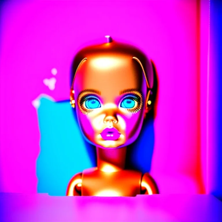 Foto realista. Una Cabeza de muñeca barbie decapitada sin cuerpo. Foto de estudio. Pared de fondo. Colores vibrantes. Gran angular. Simetría. Ultra hd.