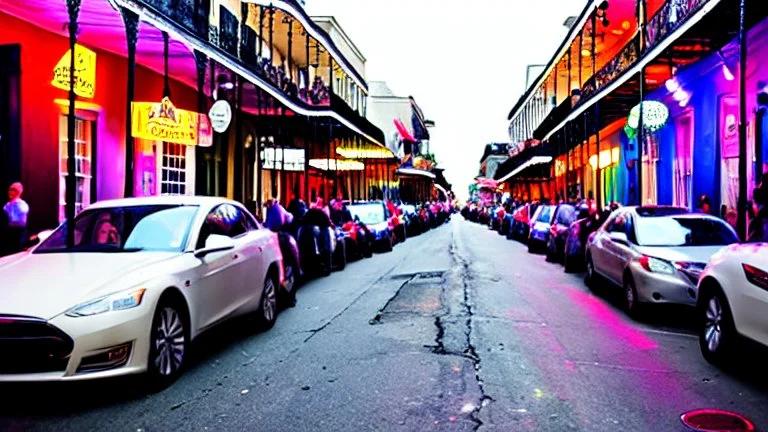 A Tesla's 'Model S Plaid' is racing at top speed, on Bourbon Street, in New Orleans. CINEMATIC. WIDE ANGLE LENS.
