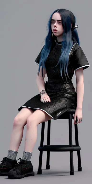 Billie Eilish, sitting on a chair, Black Short Dress, high detail, realistic