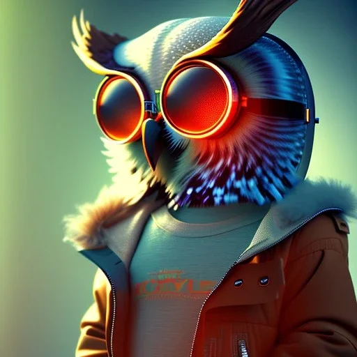 Owl toddler, smile, steampunk headphone, sunglass, gangsta neckless, full body, orange puffer jacket, tokio background, dramatic lighting, hyper realistic, unreal engine 5, 16k