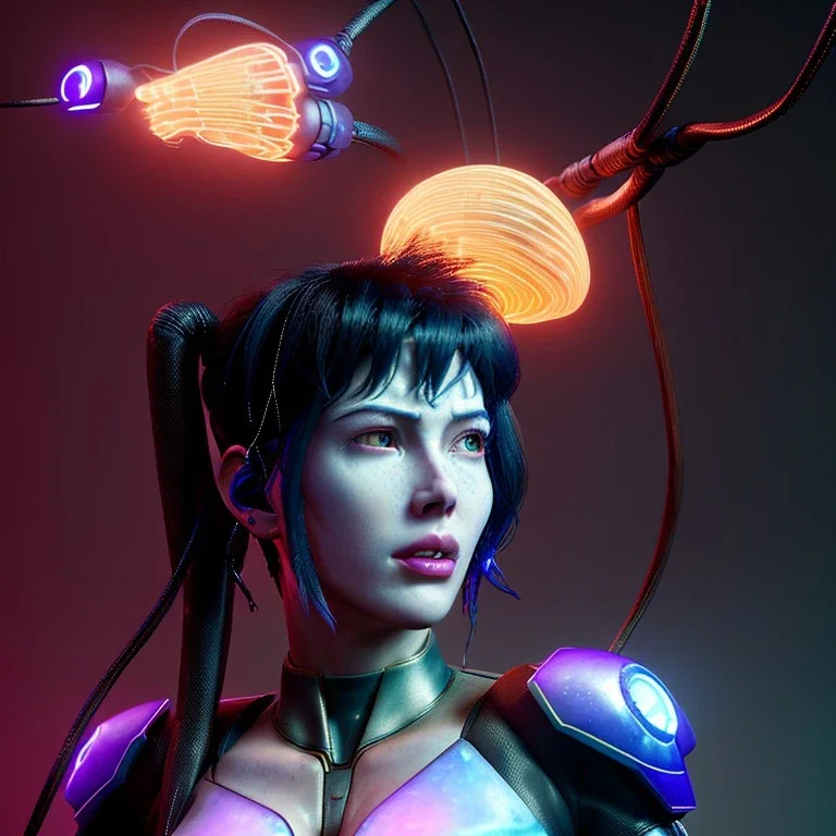 Ghost in the shell style, pretty cyber woman, cables, futuristic, blood, black, gold, brown, decorative color feathers, simétrico, circuits, neon style, a lot of led lights, fog, rain, vibrant color, highly detailed, art stations, concept art, smooth, unreal engine 5, god rays, ray tracing, RTX, lumen lighting, ultra detail, volumetric lighting, 3d, finely drawn, high definition, high resolution.