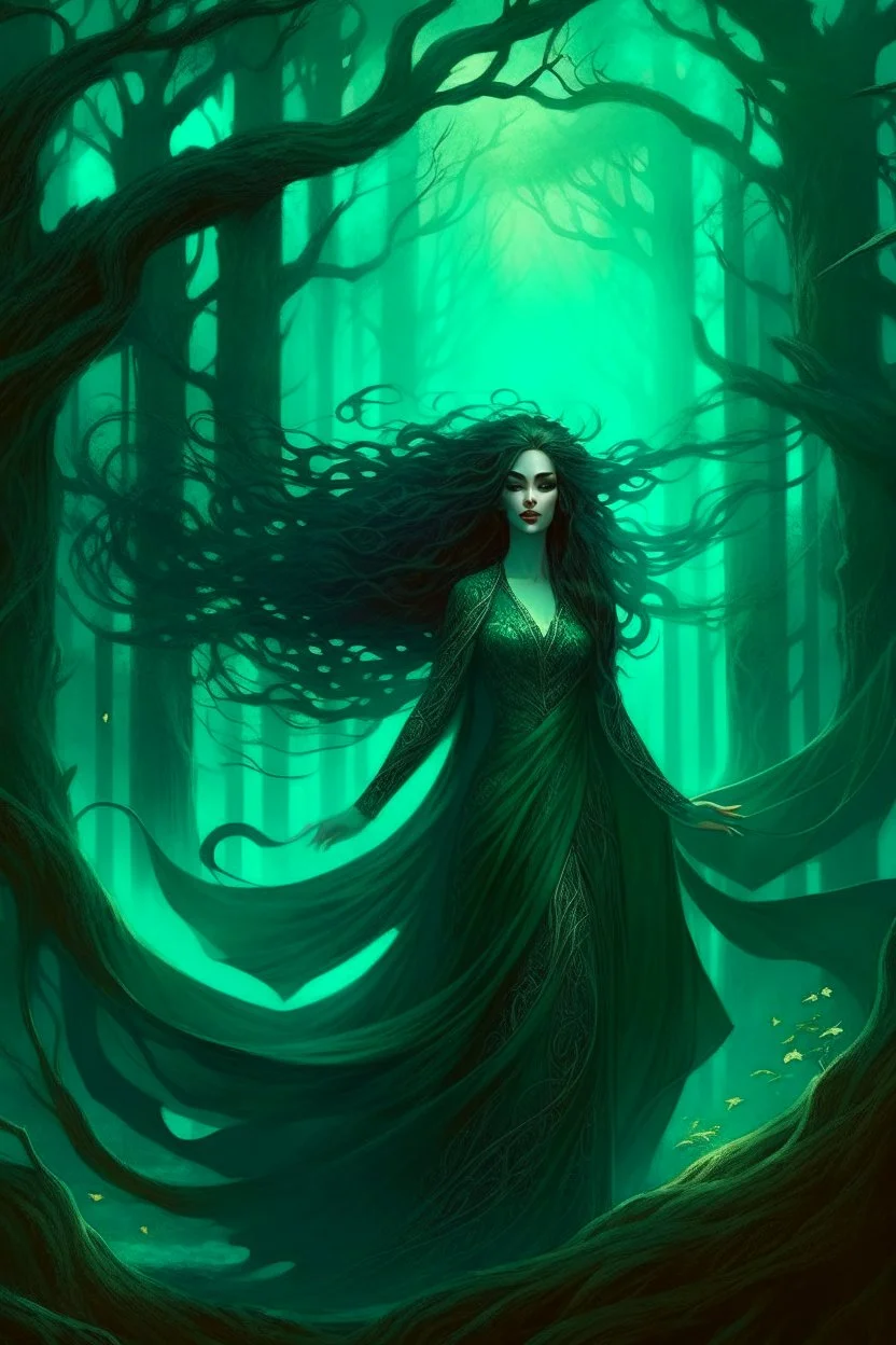 In the heart of a dense and enigmatic forest with towering ancient trees cloaked in emerald foliage stood a bewitching sorceress possessing an ethereal allure her lustrous hair cascading in ebony waves down to her slender waist that turns into roots