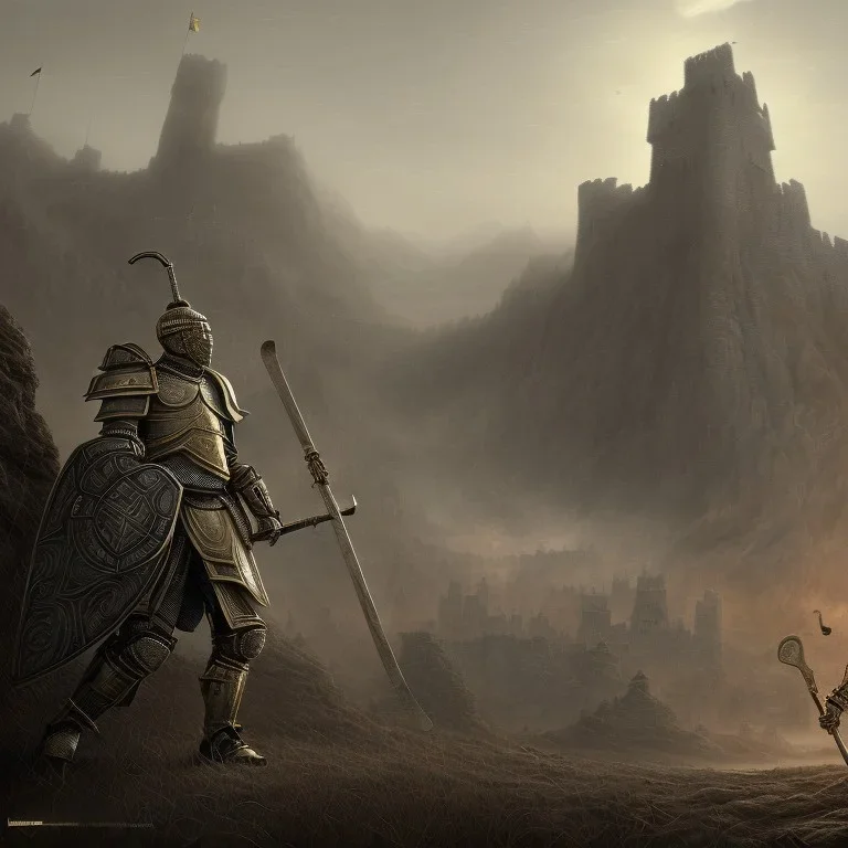 a Midieval knight in metallic gold and grey battle armor, attacking and holding a hockey stick, a highly detailed illustration, background of Inka castle, realistic render, in style of tomasz alen kopera,