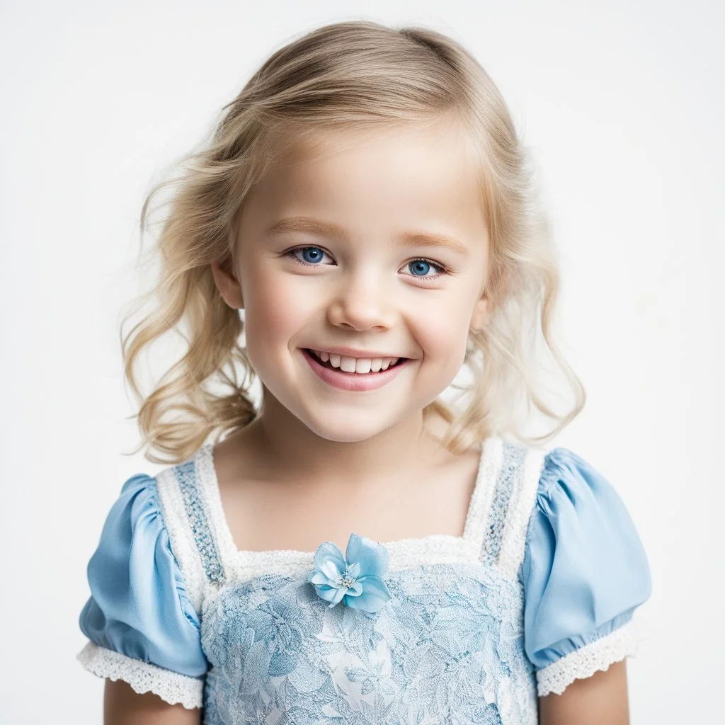 a raw photo of a small child girl smiling ,!natural lighting ,looking at the viewer, attractive, accessories, highly detailed, Blue eyes, conceptual, full body, white background