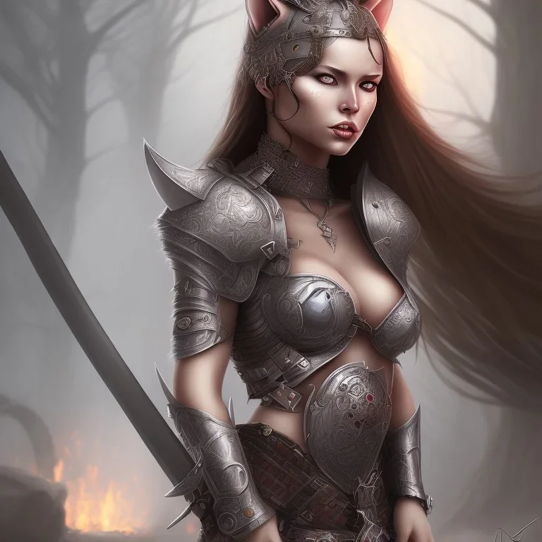 Sexy female warrior cat eyes full body battle background