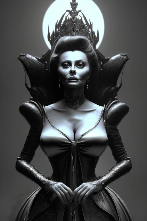 Sophia Loren as evil queen in black leather, cleavage, angry, stern look. character design by cory loftis, fenghua zhong, ryohei hase, ismail inceoglu and ruan jia. unreal engine 5, artistic lighting, highly detailed, photorealistic, fantasy