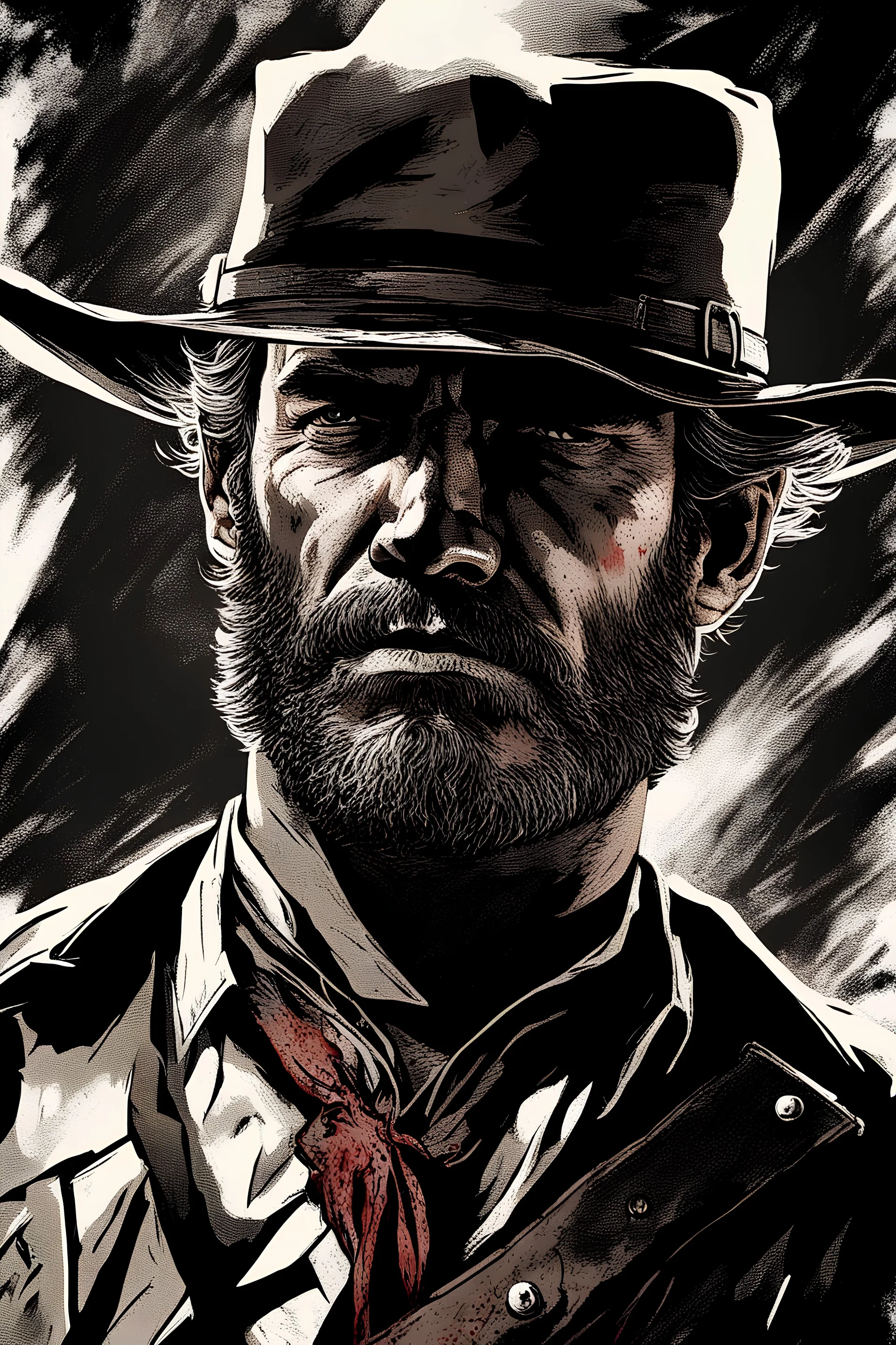 Arthur Morgan, vivid, portrait, fire, dramatic, surreal, menacing, blood, high contrast,