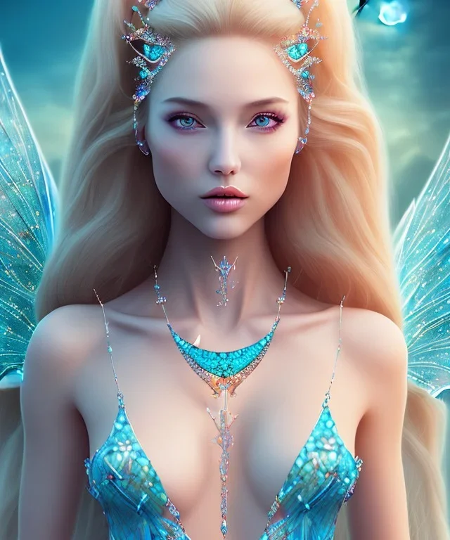 visage de femme de profil, féerique harmonieux et fine, jolie bouche, grand cheveux blond avec des perles de cristal, collier avec des codes céleste, dans le coeur avec en dessous chateau féerique, lac bleu turquoise,