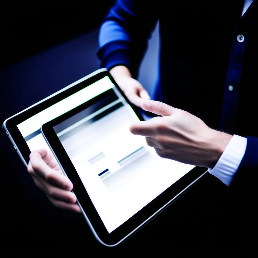 A picture of a person holding a tablet while looking at a choice.