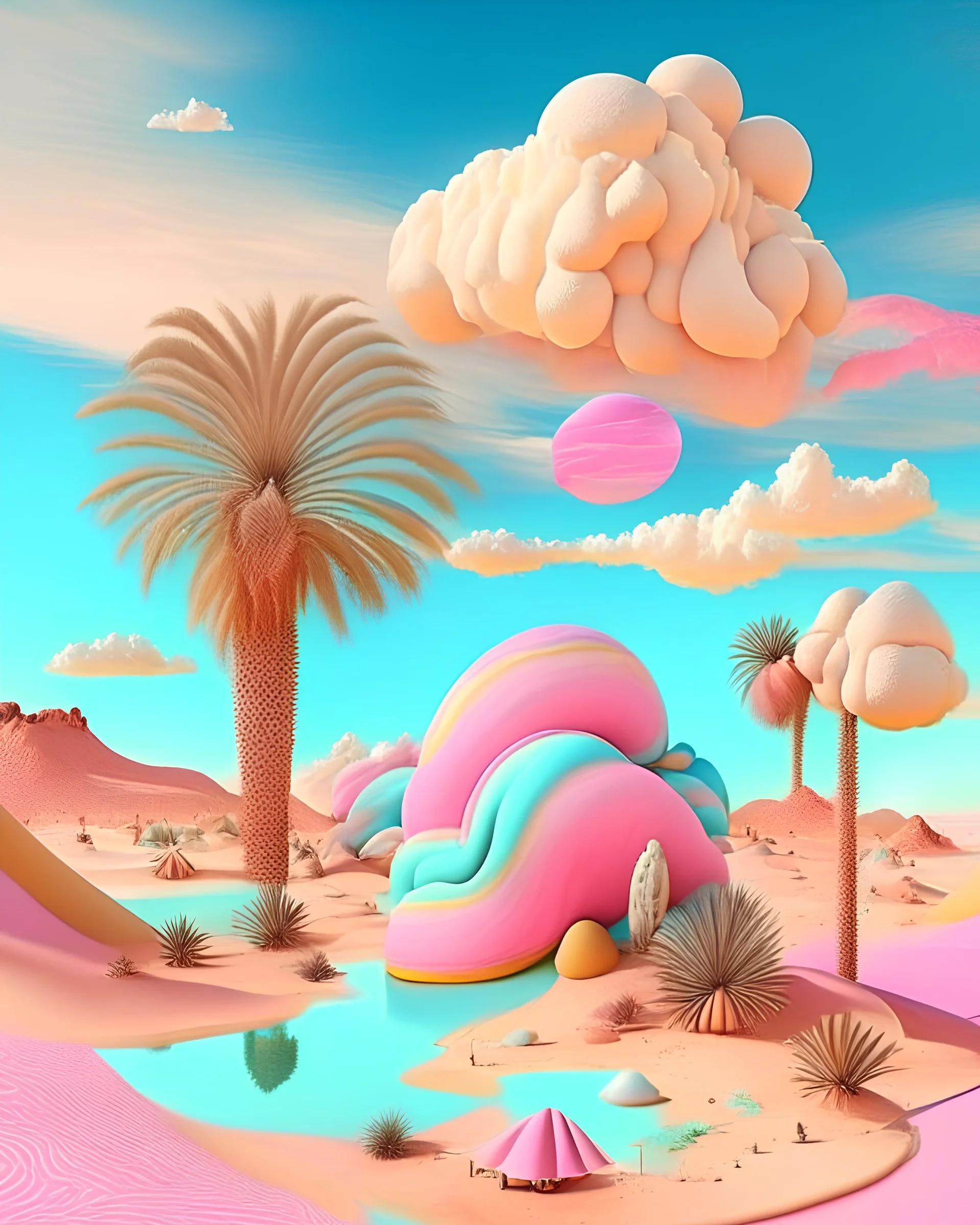 A whimsical desert oasis with candy-colored sand dunes, bubblegum palm trees, and marshmallow clouds