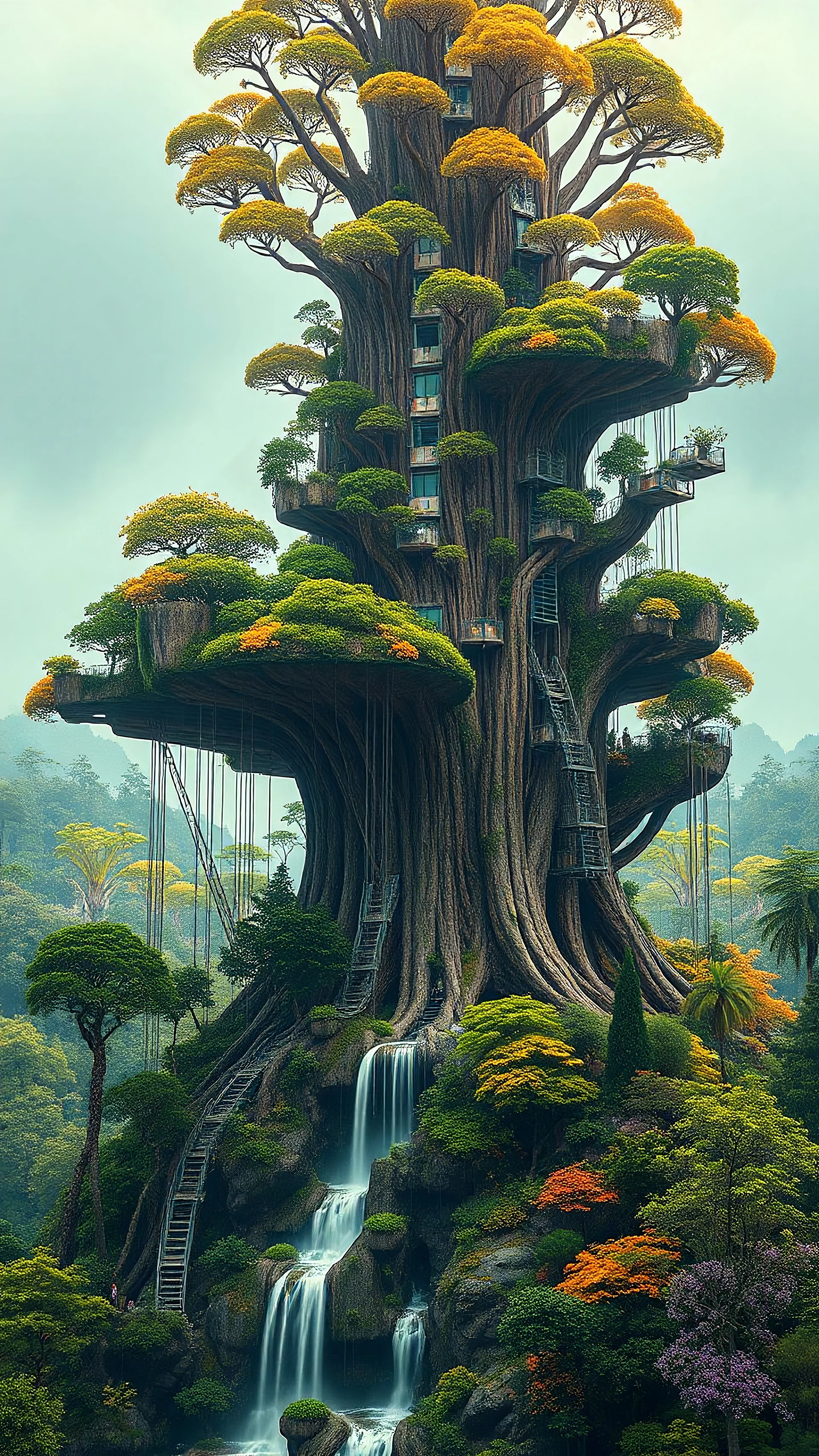 Cyber punk style Giant tree. with perfect eco system. Elevators. Terraformed layers. electricity. Garden. Trees. Waterfall. Vivid colors. Sony Alpha 7 50mm 1.8,medium shot, high-resolution image with fine details, citrine, ultra detailed,ultra realistic,extremely realistic,intricate,photorealistic,epic composition,masterpiece.