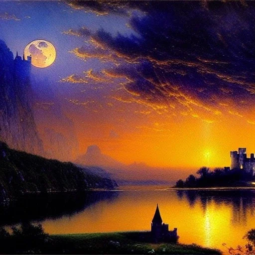 Drawing of 'Medieval Romanian Castle',bats,mountain,lake,full moon, by gaston bussiere, greg rutkowski, yoji shinkawa, yoshitaka amano, tsutomu nihei, donato giancola, tim hildebrandt, oil on canvas, cinematic composition, extreme detail,fit full head inside picture,16k