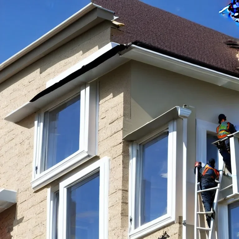 Workers standing on a ladder reaching up onto the edge of a house installing seamless gutters to the fascia