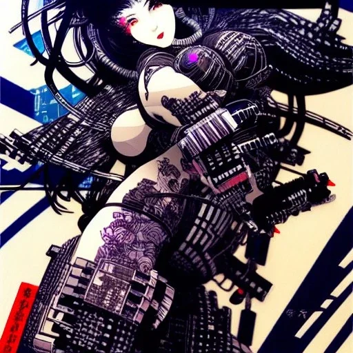 beautiful cyberpunk huge girl, hyper detailed, hyperdetailed, intricately detailed, illustration by <Katsushika Hokusai> <Yoji Shinkawa>,