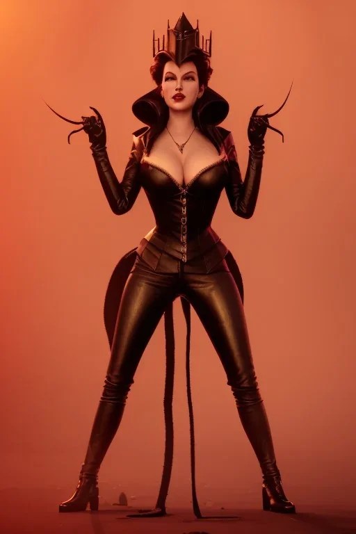 Lana Turner as evil queen in black leather, leather, busty, cleavage, angry, stern look. character design by cory loftis, fenghua zhong, ryohei hase, ismail inceoglu and ruan jia. unreal engine 5, artistic lighting, highly detailed, photorealistic, fantasy