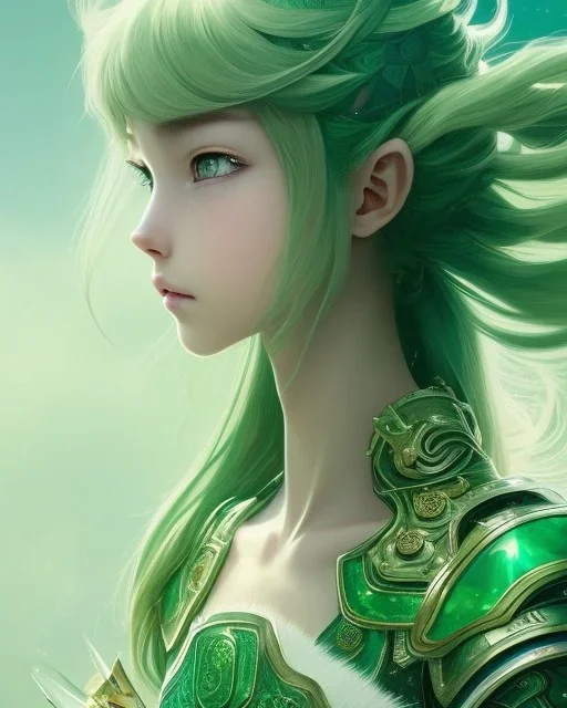 Detailed anime children girl, green hair, green dragon scale armour, intricate details, full body portrait, keep head in frame, slight smile, black Japanese motif, concept art, highly detailed, digital painting, concept art, sharp focus, illustration, art by Yoji Shinkawa, WLOP and greg rutkowski and alphonse mucha and artgerm and yanjun Chen and Junji ito and Makoto Shinkai, HDR, octane render