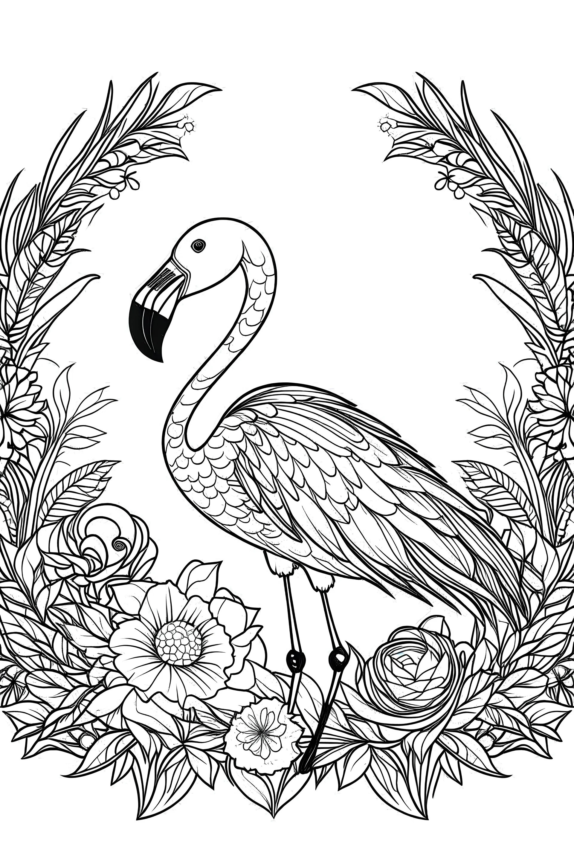 portrait of Flamingo and background fill with flowers on white paper with black outline only, style mandala