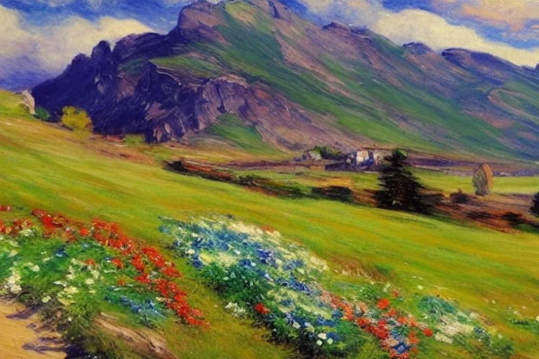 Mountains, sunny day, clouds, rocks, flowers, grass, distant houses, vegetations, distant trees, lesser ury impressionism painting