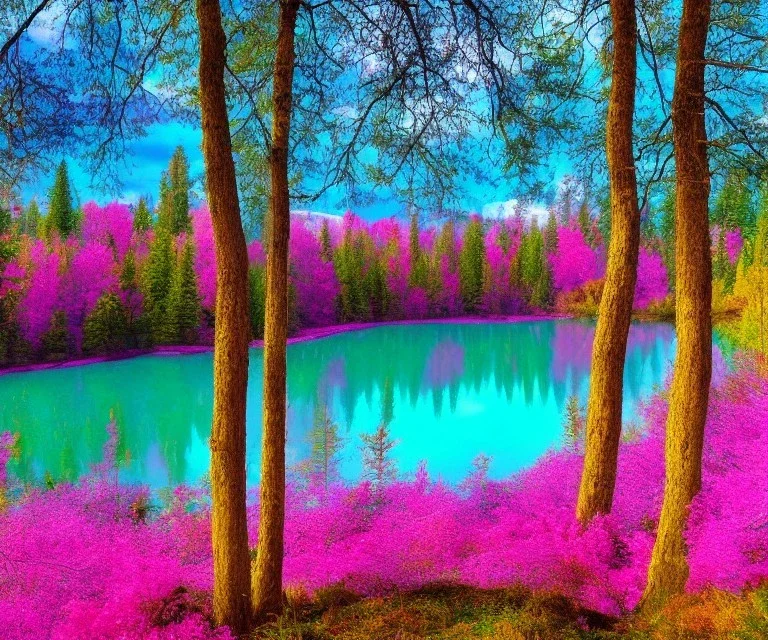 magic pink forest with purple and pink trees, pink and blue and yellow flowers and beautiful fairies around a turquoise lake, a blue sky and sunlight