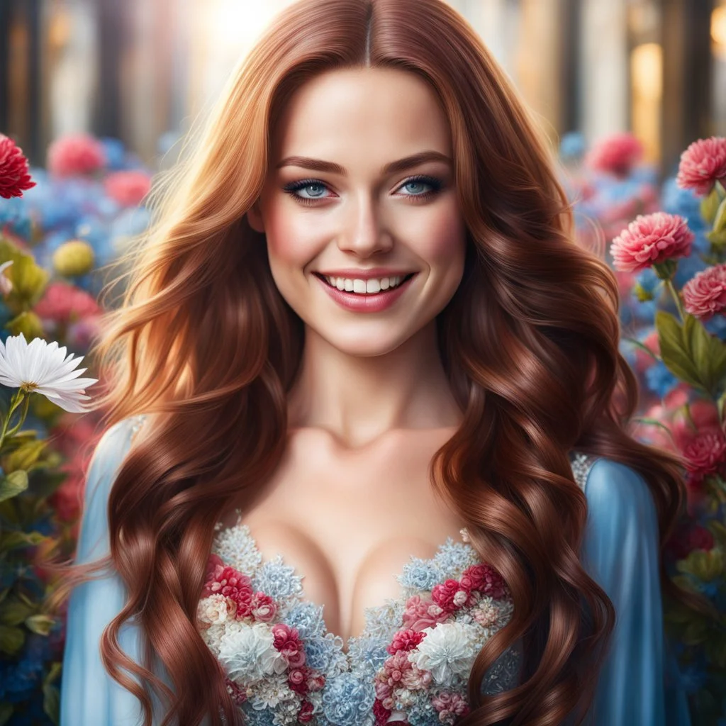 (best quality, 4k, 8k, highres, masterpiece:1.2), ultra-detailed, (realistic, photorealistic, photo-realistic:1.37),hyper realistic, gorgeous smiling 1woman,long hair,looking at viewer,realistic proportions,blue eyes,hair ornament,dress,very long hair,flower,red hair,parted lips,necklace,white dress,orange hair,lips,blurry background,freckles,realistic,head wreath,orange flower,realistic portrait