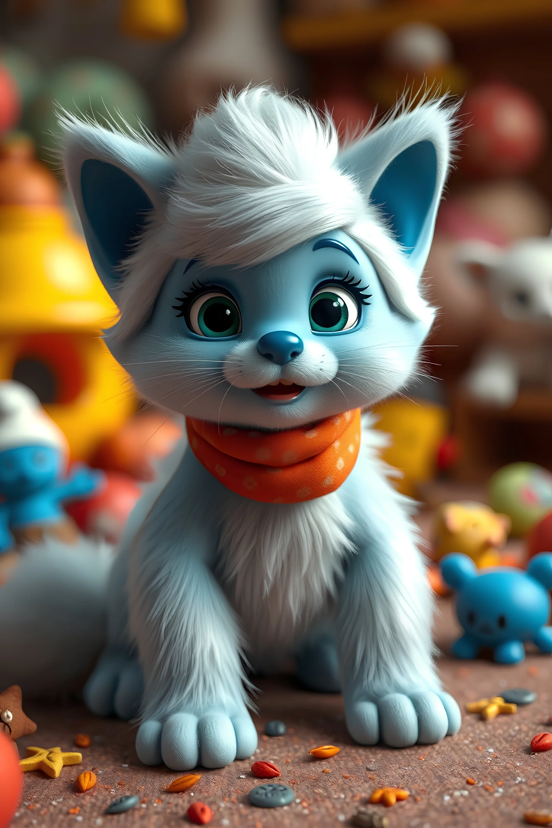 4K photograph featuring a lovable, smurf female kitten. The kitten, adorned with soft fur and expressive features, is masterfully rendered in a smurfs style 3D, which captivates viewers with its irresistible charm. The background is filled with warm, inviting colors and toys and a 3D render, creating a cinematic smurfs atmosphere that further accentuates the kitten's enchanting appeal