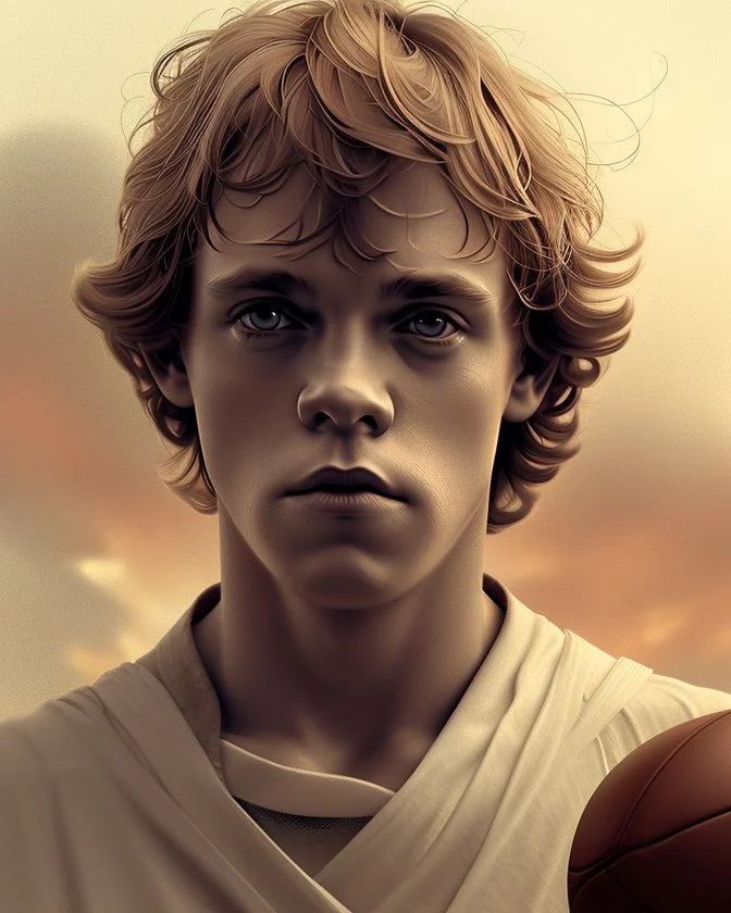 Portrait of young Luke Skywalker holding a football by Alex Ross, Disney, CGSociety, Carne Griffiths, Leonardo DaVinci, James Christensen character design, digital illustration, detailed sky background, Norman Rockwell, 8k resolution, Lou Xaz, cinema 4d