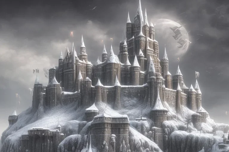 fortress like minas tirith on the side of a singular snowy mountain with a single tiny man standing infront of it in dark fantasy style