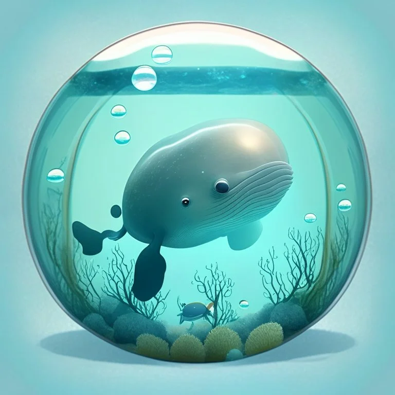 A cute little Sperm whale in a small circular fish tank.