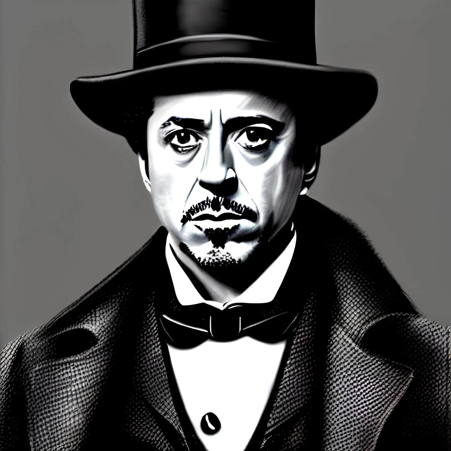  cinematic view, victorian look an feel, portrait of robert downey jr as sherlock holmes, hyper detailed, realist, awesome, chiaroscuro, high contrast, black and white, quill pen, gustave dorè style, artgerm, wlop