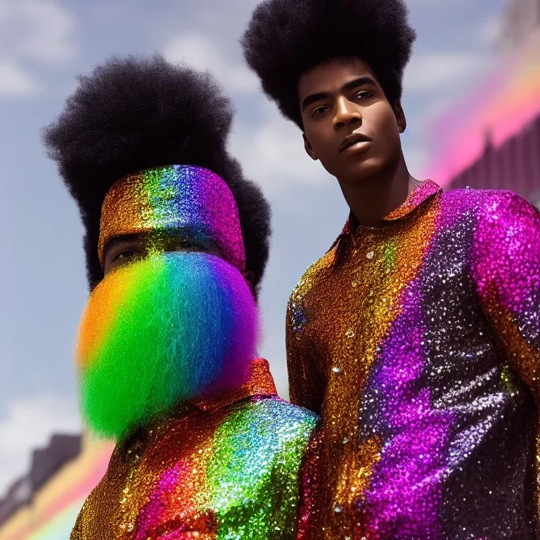 full body shot, masterpiece, best quality, man of median age, black skinned, sparkling eyes, fluorescent skin, colorful makeup, afro, highly detailed body, afrofuturism, scifi, sun light, 4K, RAW, depth of field, high contrast, realistic details, 24mm