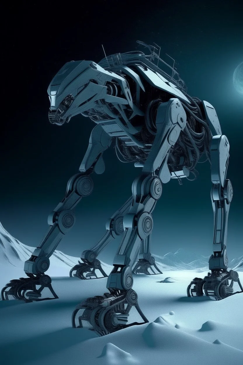 a mechanical walker with eight legs scaling a very steep snow covered side of mout everest at night, it has a smooth surface, it has storage pods on its belly human can fit in the pods